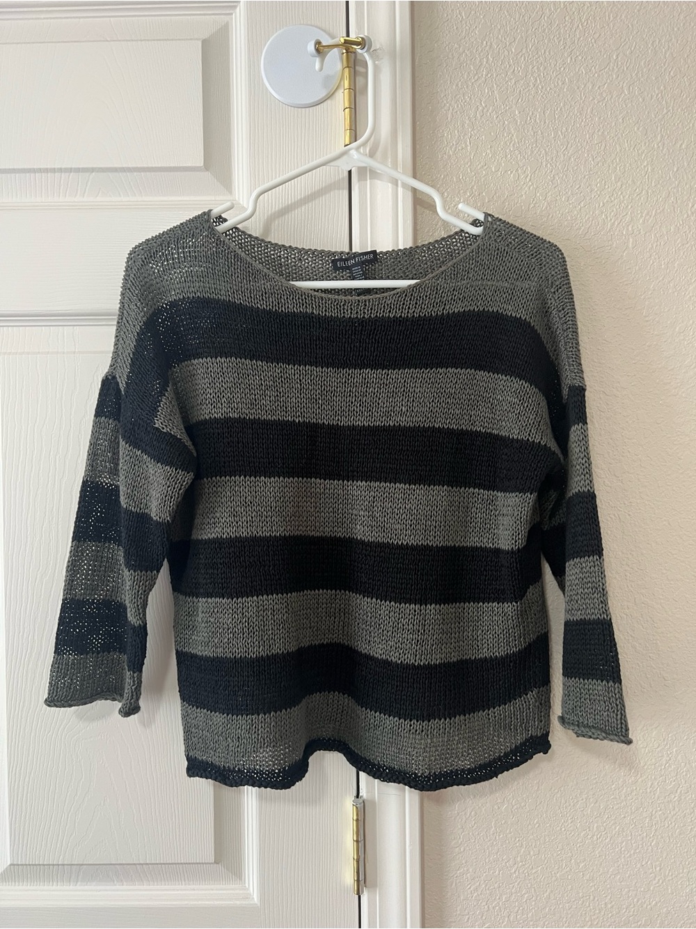 Eileen Fisher Open Knit Yarn Striped Sweater Black Olive Size XXS